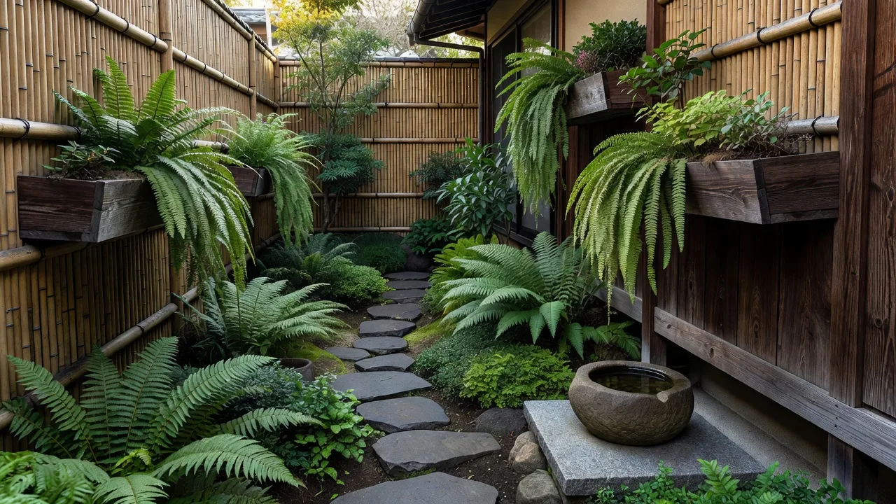 層のある植栽を施した狭い側庭