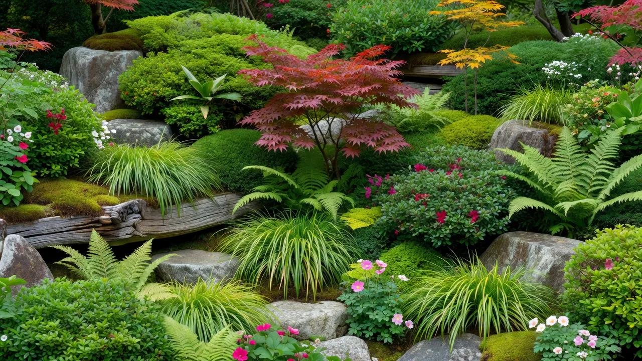 モミジと低木を重ねた植栽の組み合わせ