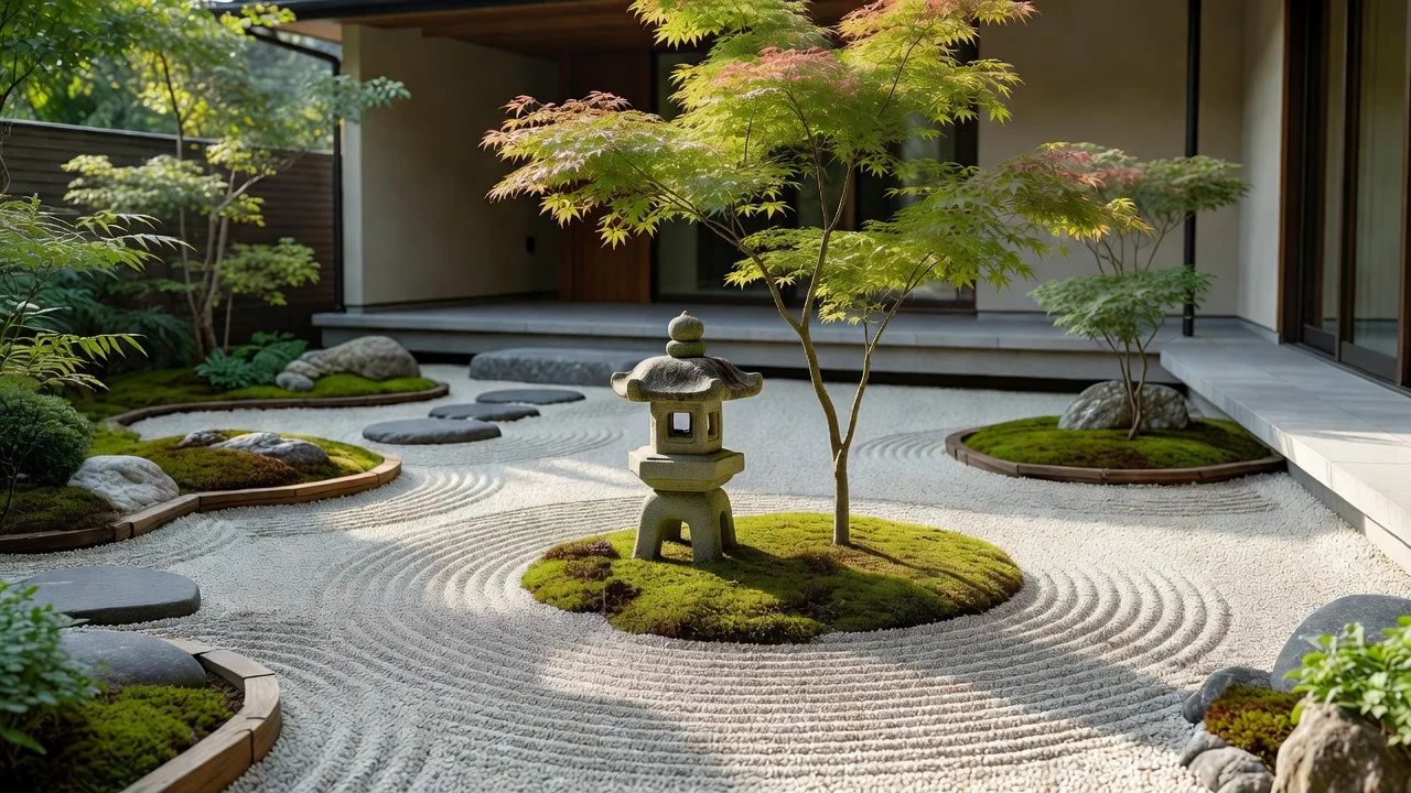 苔と石灯籠、モミジのある静かな日本庭園の中庭