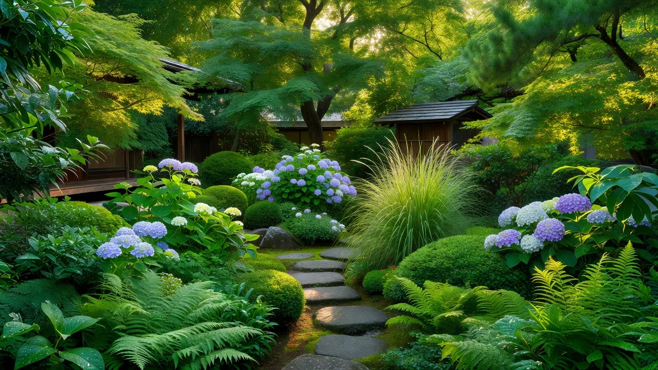 紫陽花が茂る夏の庭