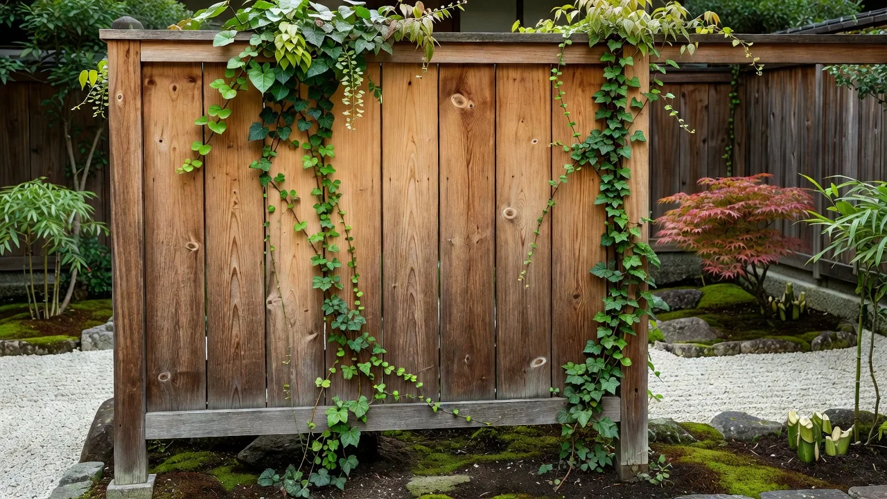 つる植物を這わせた木製の目隠し塀